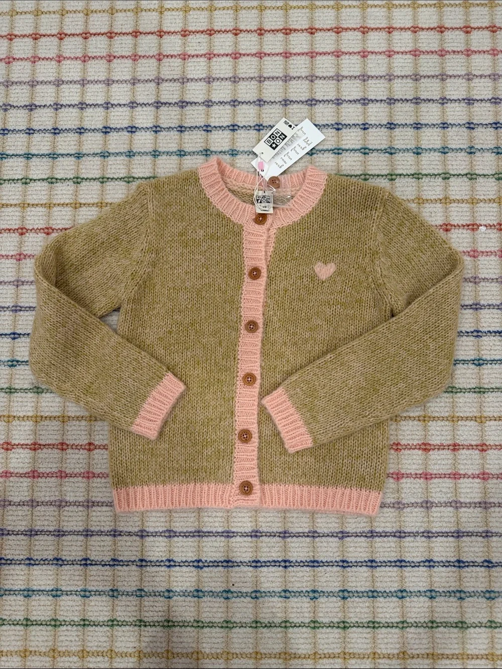 Bonton Green & Pink Heart Knit Cardigan
